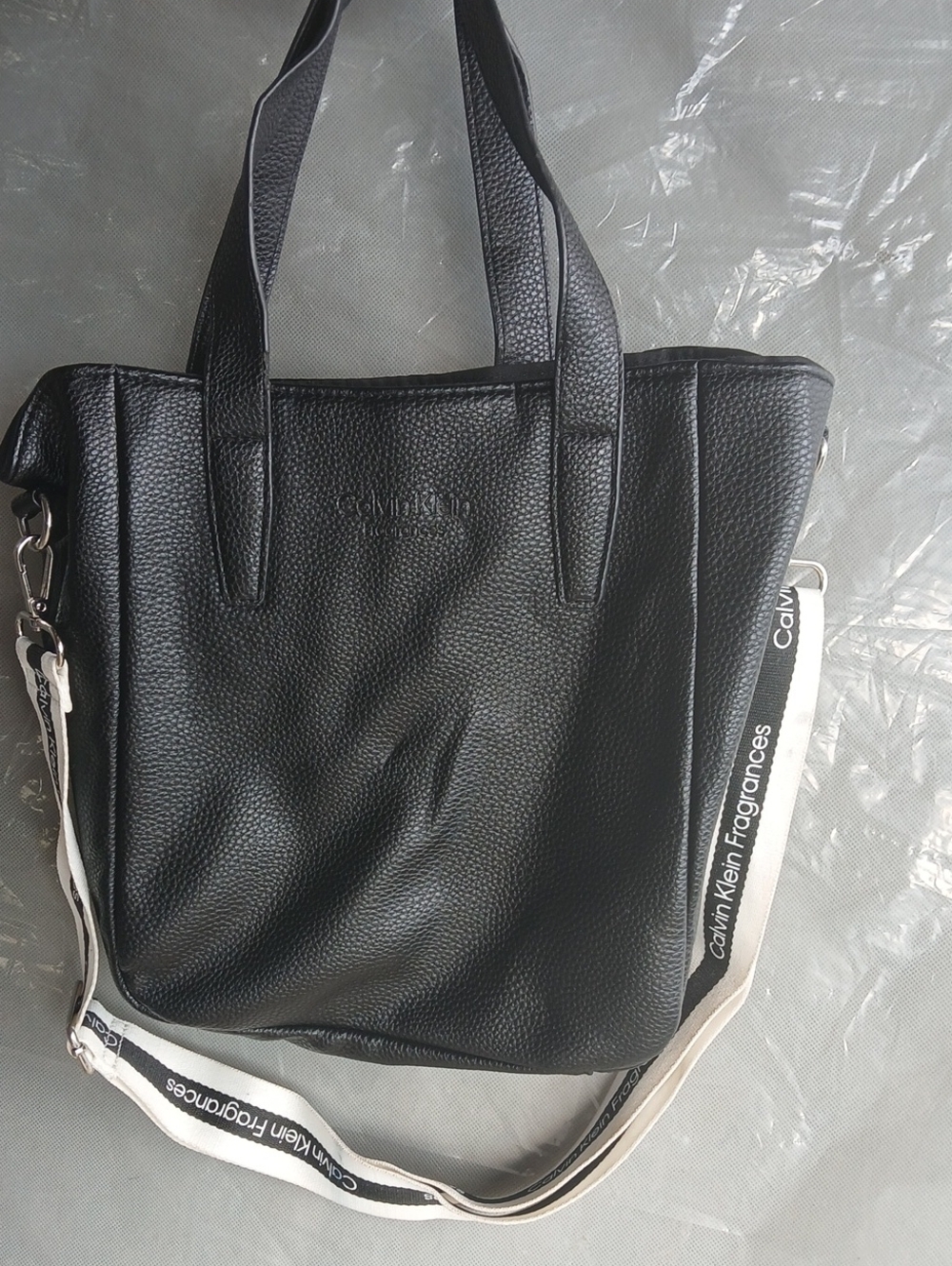 Calvin Klein Black Pebbled Leather Tote with Branded Strap